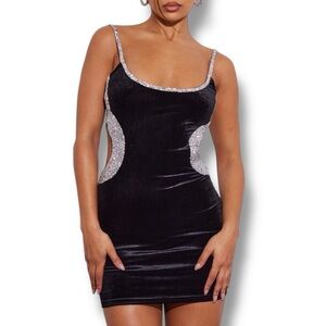 Black Velvet Rhinestone Bodycon Mini Dress